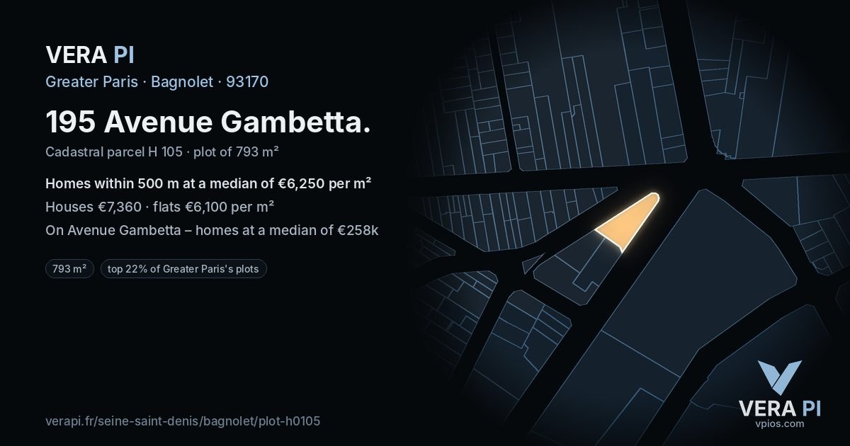 195 Avenue Gambetta, Bagnolet at night – the plot lit, the parcels around coloured by the prices near them