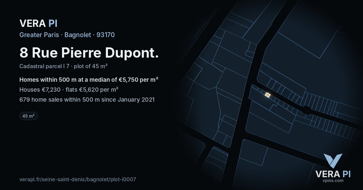 8 Rue Pierre Dupont, Bagnolet at night – the plot lit, the parcels around coloured by the prices near them