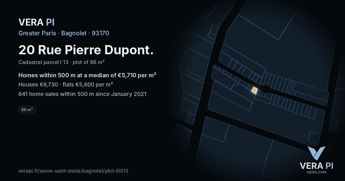 20 Rue Pierre Dupont, Bagnolet at night – the plot lit, the parcels around coloured by the prices near them