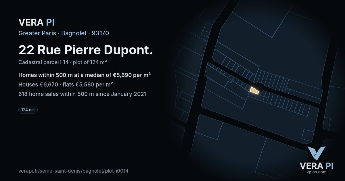 22 Rue Pierre Dupont, Bagnolet at night – the plot lit, the parcels around coloured by the prices near them