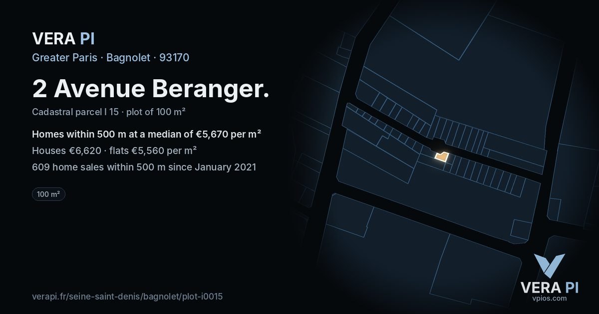 2 Avenue Beranger, Bagnolet at night – the plot lit, the parcels around coloured by the prices near them