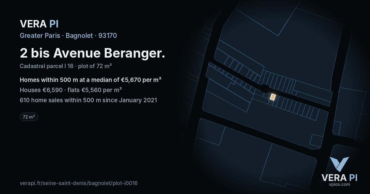 2 bis Avenue Beranger, Bagnolet at night – the plot lit, the parcels around coloured by the prices near them