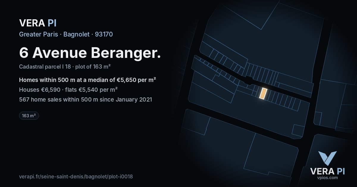 6 Avenue Beranger, Bagnolet at night – the plot lit, the parcels around coloured by the prices near them