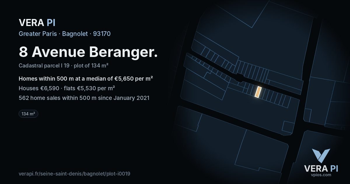 8 Avenue Beranger, Bagnolet at night – the plot lit, the parcels around coloured by the prices near them