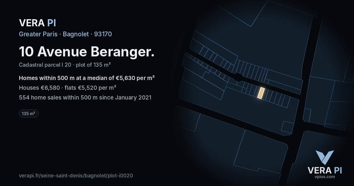 10 Avenue Beranger, Bagnolet at night – the plot lit, the parcels around coloured by the prices near them