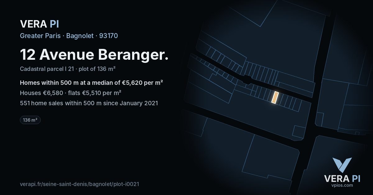 12 Avenue Beranger, Bagnolet at night – the plot lit, the parcels around coloured by the prices near them