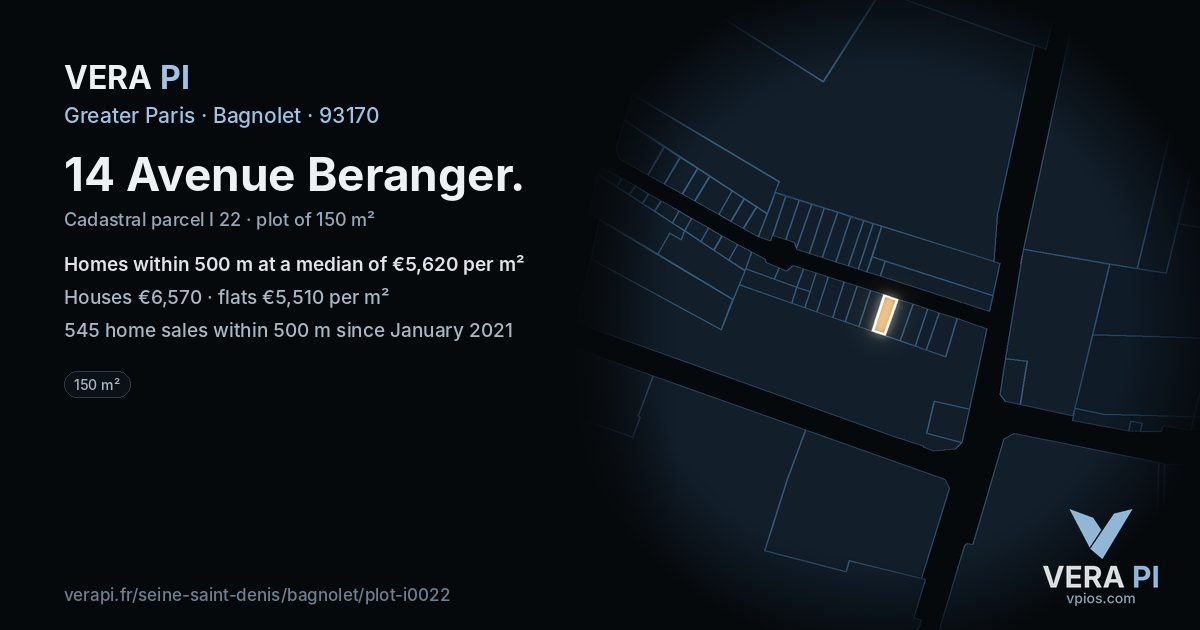 14 Avenue Beranger, Bagnolet at night – the plot lit, the parcels around coloured by the prices near them