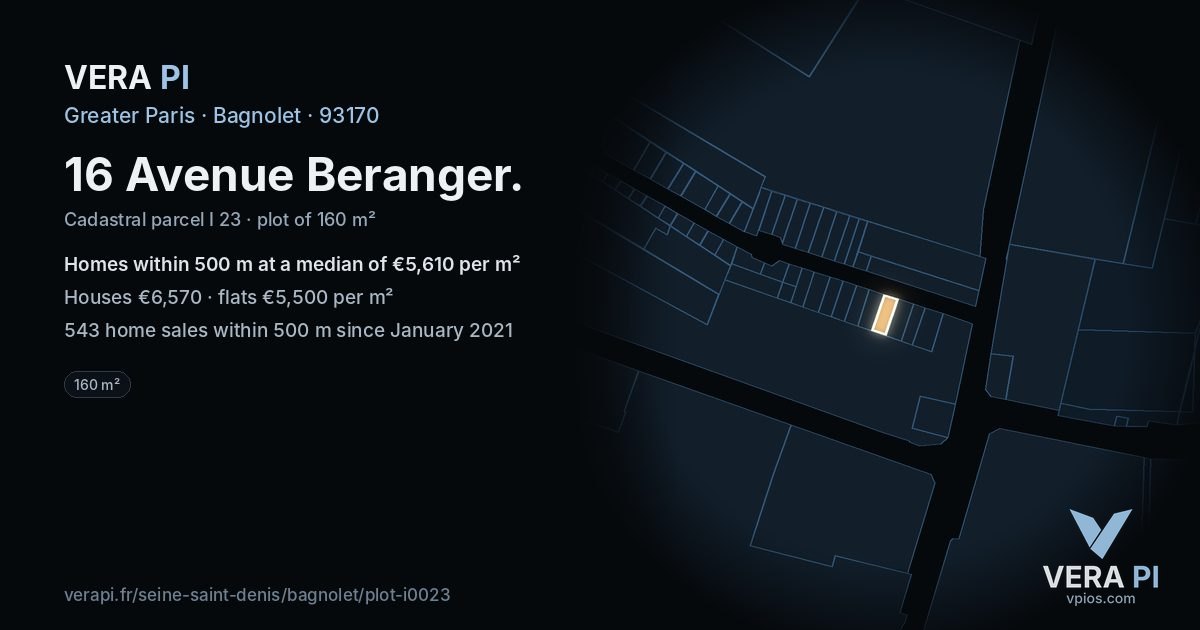 16 Avenue Beranger, Bagnolet at night – the plot lit, the parcels around coloured by the prices near them