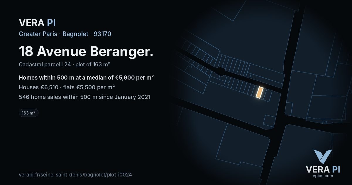 18 Avenue Beranger, Bagnolet at night – the plot lit, the parcels around coloured by the prices near them