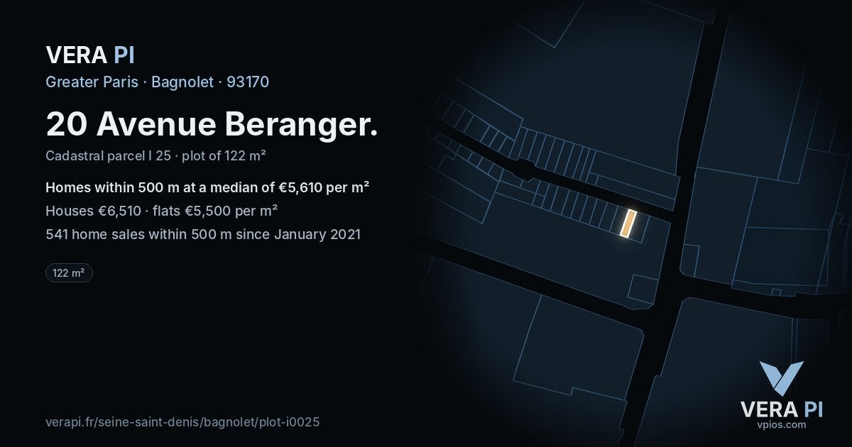 20 Avenue Beranger, Bagnolet at night – the plot lit, the parcels around coloured by the prices near them