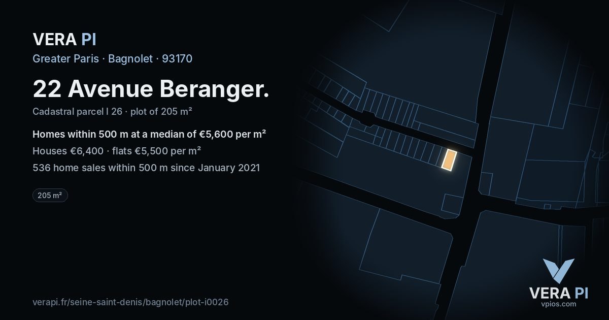 22 Avenue Beranger, Bagnolet at night – the plot lit, the parcels around coloured by the prices near them