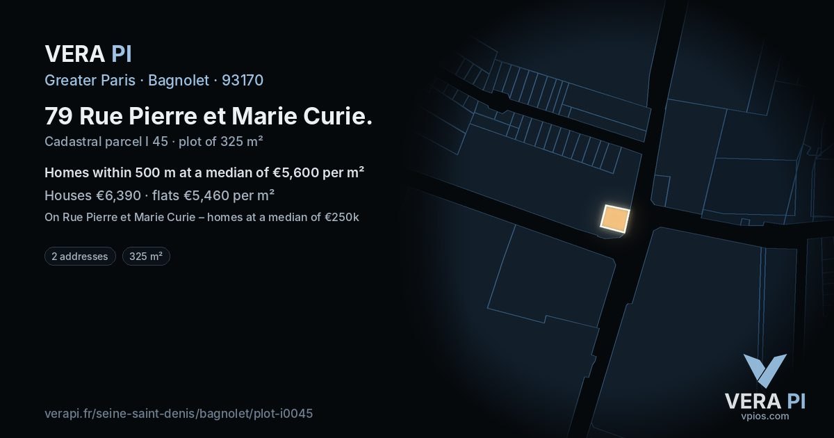 79 Rue Pierre et Marie Curie, Bagnolet at night – the plot lit, the parcels around coloured by the prices near them