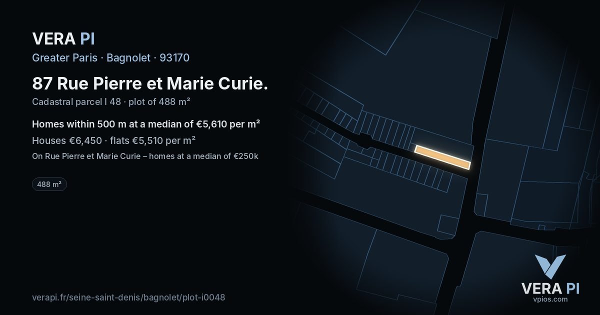 87 Rue Pierre et Marie Curie, Bagnolet at night – the plot lit, the parcels around coloured by the prices near them