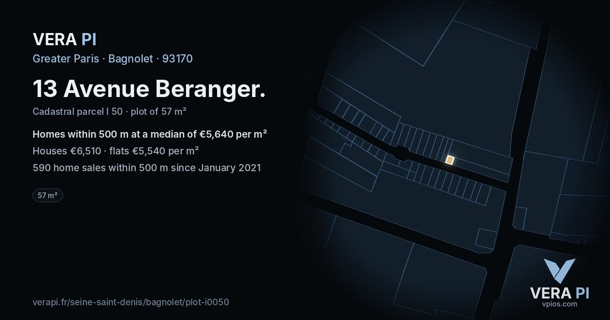 13 Avenue Beranger, Bagnolet at night – the plot lit, the parcels around coloured by the prices near them