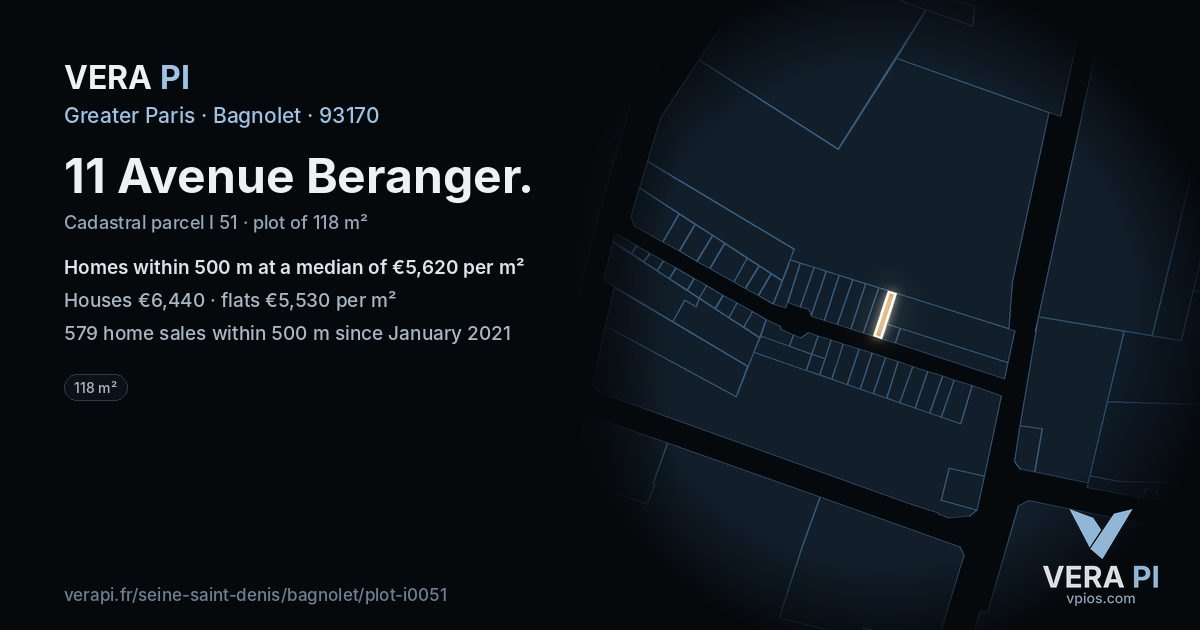 11 Avenue Beranger, Bagnolet at night – the plot lit, the parcels around coloured by the prices near them