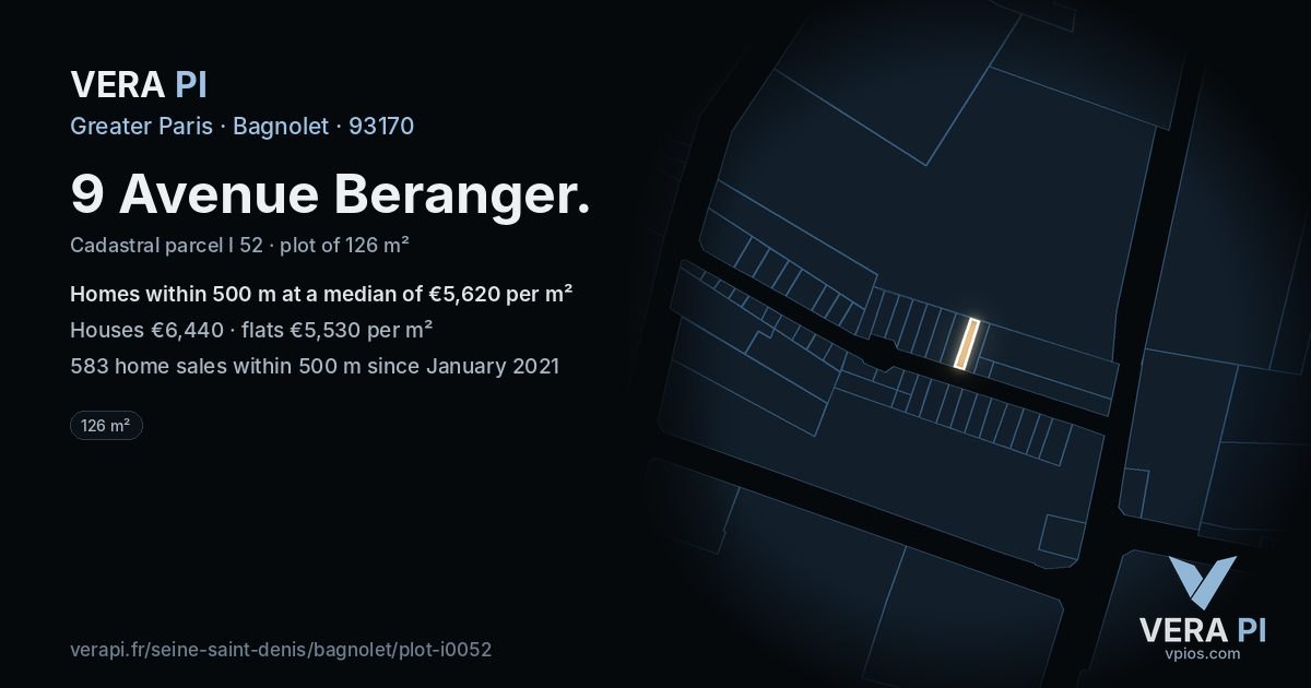 9 Avenue Beranger, Bagnolet at night – the plot lit, the parcels around coloured by the prices near them