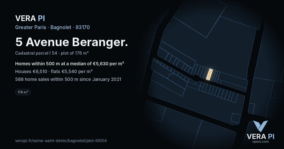 5 Avenue Beranger, Bagnolet at night – the plot lit, the parcels around coloured by the prices near them