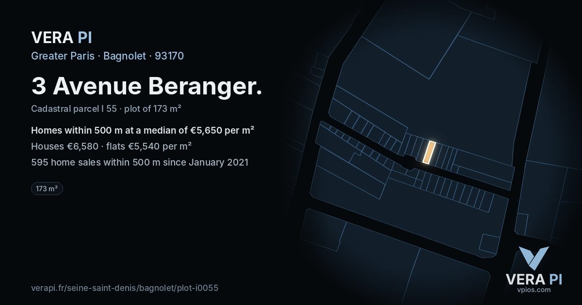 3 Avenue Beranger, Bagnolet at night – the plot lit, the parcels around coloured by the prices near them