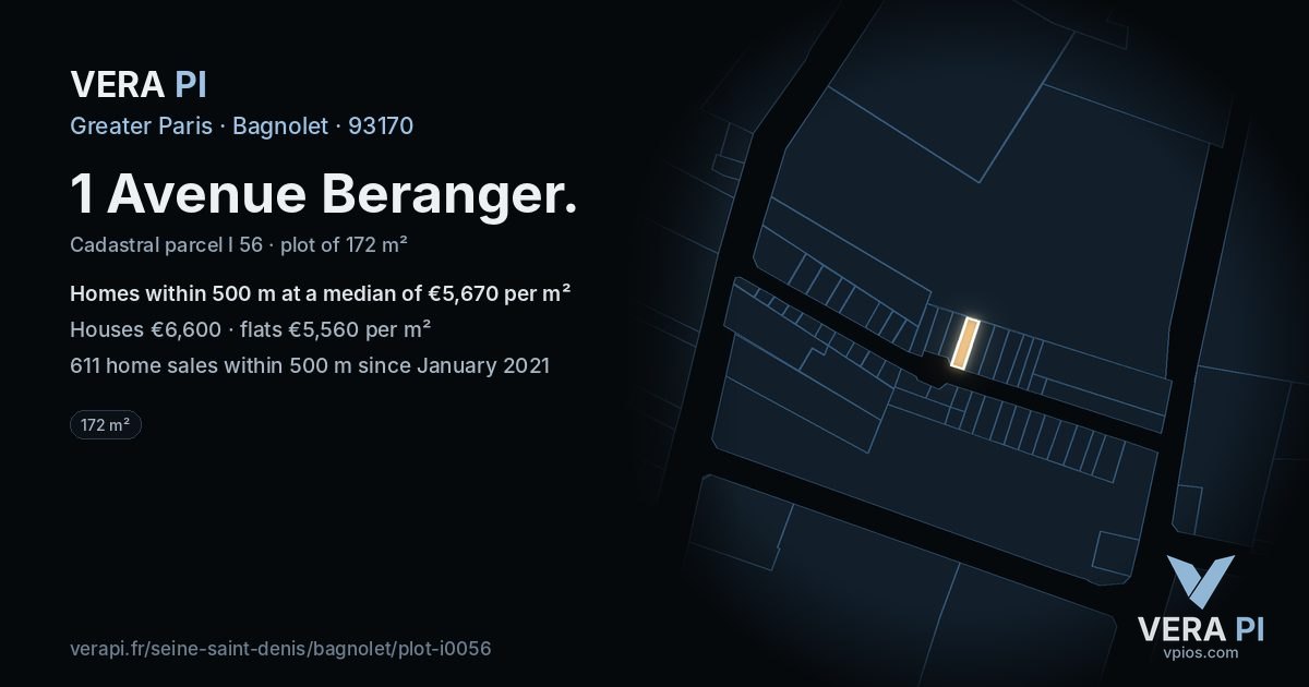 1 Avenue Beranger, Bagnolet at night – the plot lit, the parcels around coloured by the prices near them