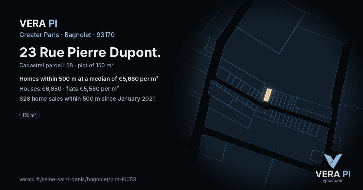 23 Rue Pierre Dupont, Bagnolet at night – the plot lit, the parcels around coloured by the prices near them