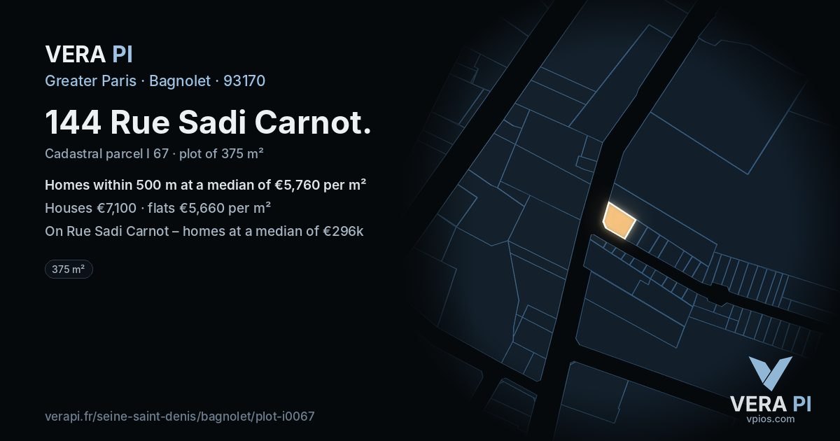 144 Rue Sadi Carnot, Bagnolet at night – the plot lit, the parcels around coloured by the prices near them