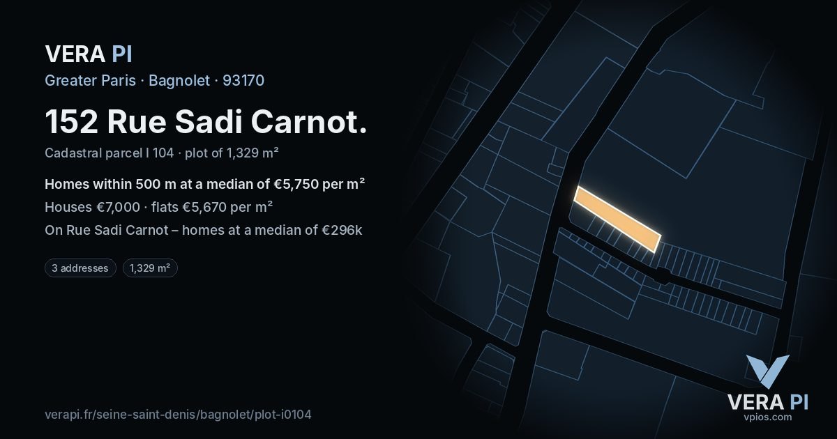 152 Rue Sadi Carnot, Bagnolet at night – the plot lit, the parcels around coloured by the prices near them
