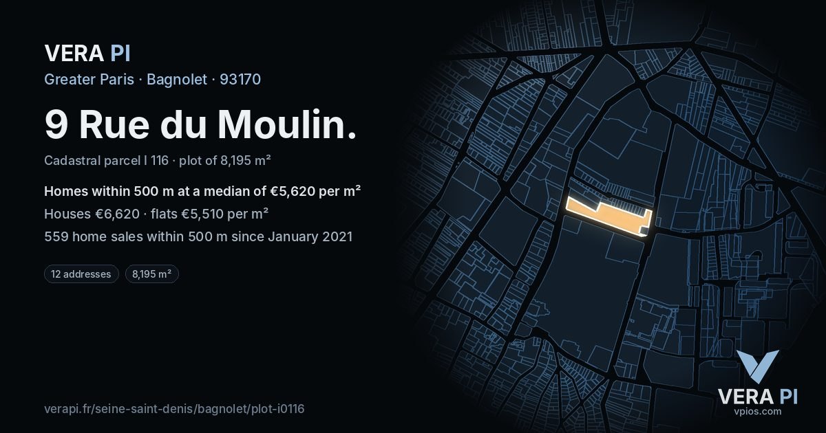 9 Rue du Moulin, Bagnolet at night – the plot lit, the parcels around coloured by the prices near them