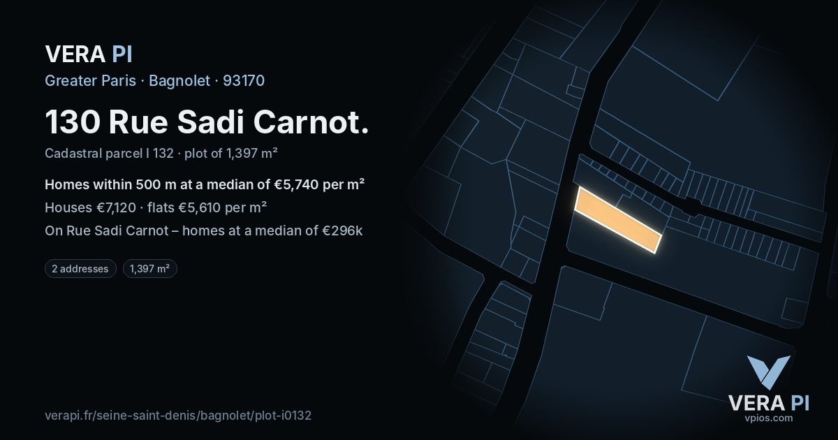130 Rue Sadi Carnot, Bagnolet at night – the plot lit, the parcels around coloured by the prices near them
