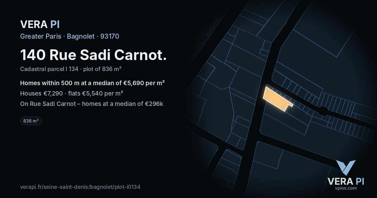 140 Rue Sadi Carnot, Bagnolet at night – the plot lit, the parcels around coloured by the prices near them