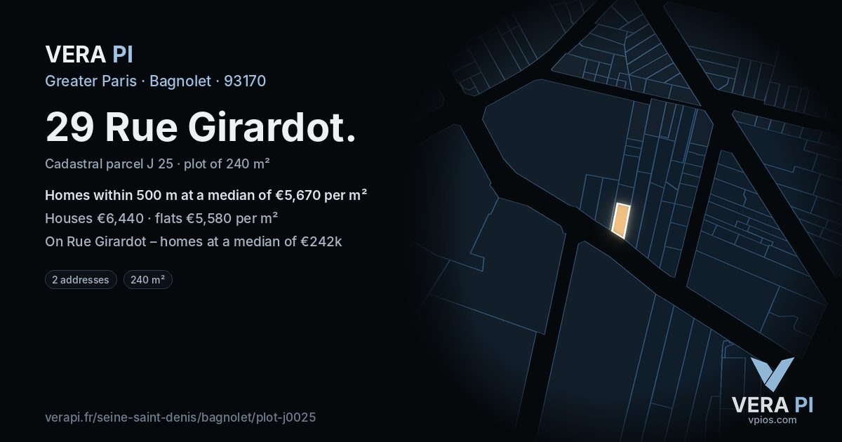 29 Rue Girardot, Bagnolet at night – the plot lit, the parcels around coloured by the prices near them
