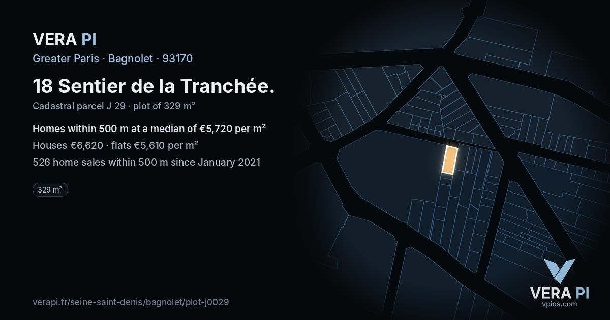 18 Sentier de la Tranchée, Bagnolet at night – the plot lit, the parcels around coloured by the prices near them