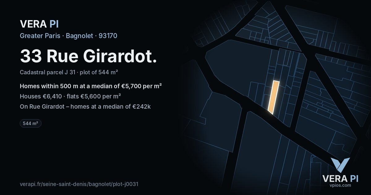 33 Rue Girardot, Bagnolet at night – the plot lit, the parcels around coloured by the prices near them