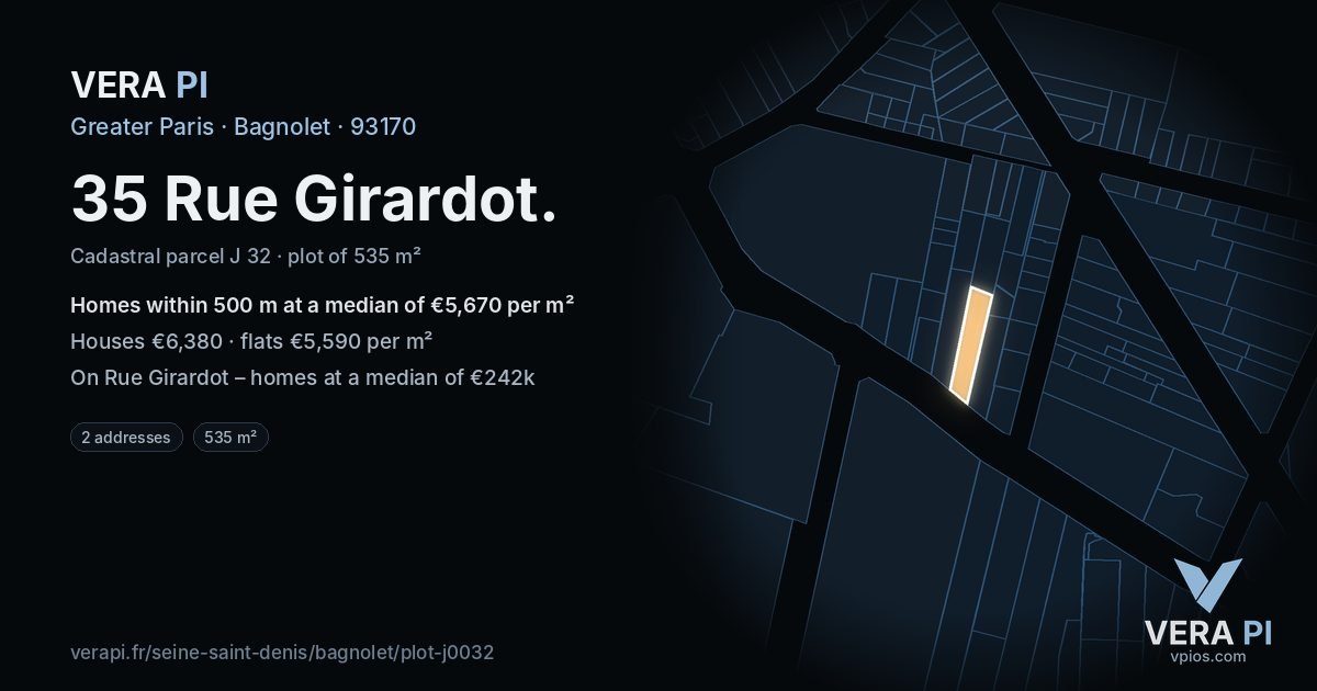 35 Rue Girardot, Bagnolet at night – the plot lit, the parcels around coloured by the prices near them