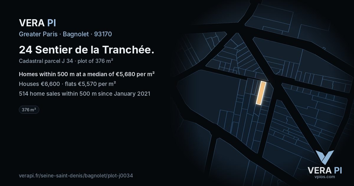 24 Sentier de la Tranchée, Bagnolet at night – the plot lit, the parcels around coloured by the prices near them