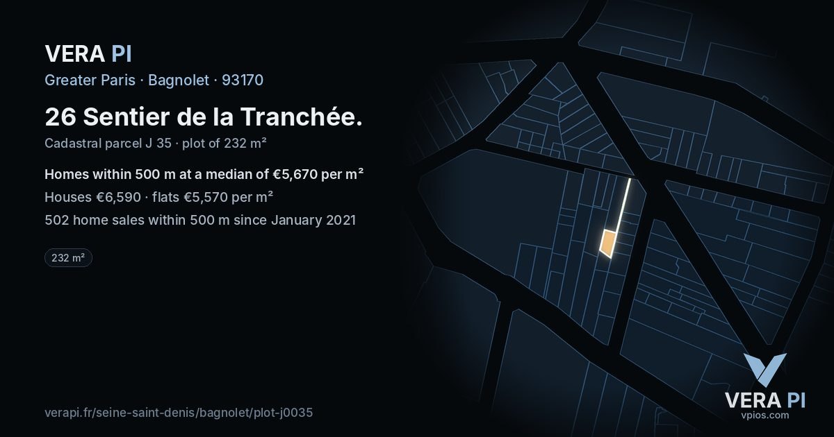 26 Sentier de la Tranchée, Bagnolet at night – the plot lit, the parcels around coloured by the prices near them