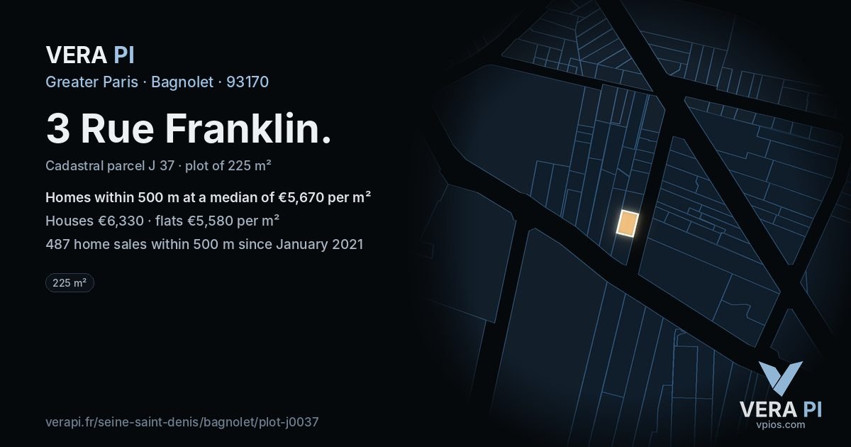 3 Rue Franklin, Bagnolet at night – the plot lit, the parcels around coloured by the prices near them