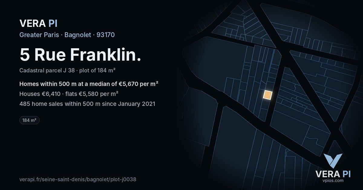 5 Rue Franklin, Bagnolet at night – the plot lit, the parcels around coloured by the prices near them