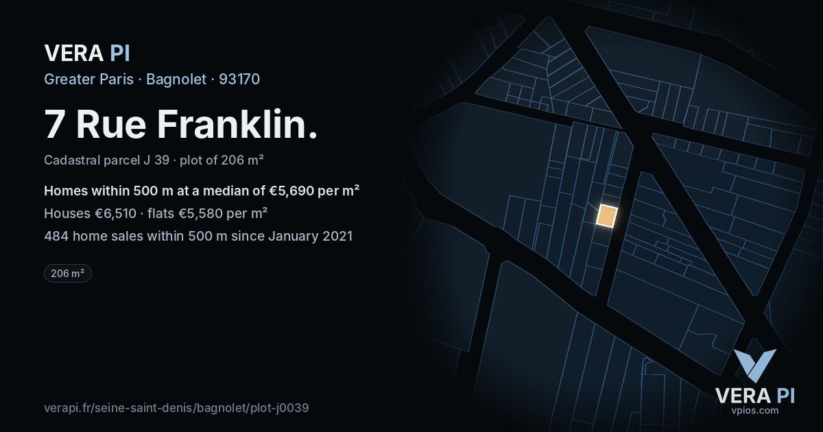 7 Rue Franklin, Bagnolet at night – the plot lit, the parcels around coloured by the prices near them