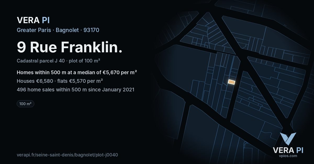9 Rue Franklin, Bagnolet at night – the plot lit, the parcels around coloured by the prices near them
