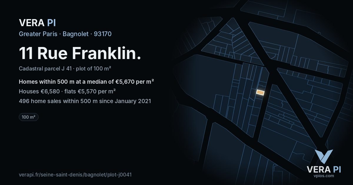 11 Rue Franklin, Bagnolet at night – the plot lit, the parcels around coloured by the prices near them