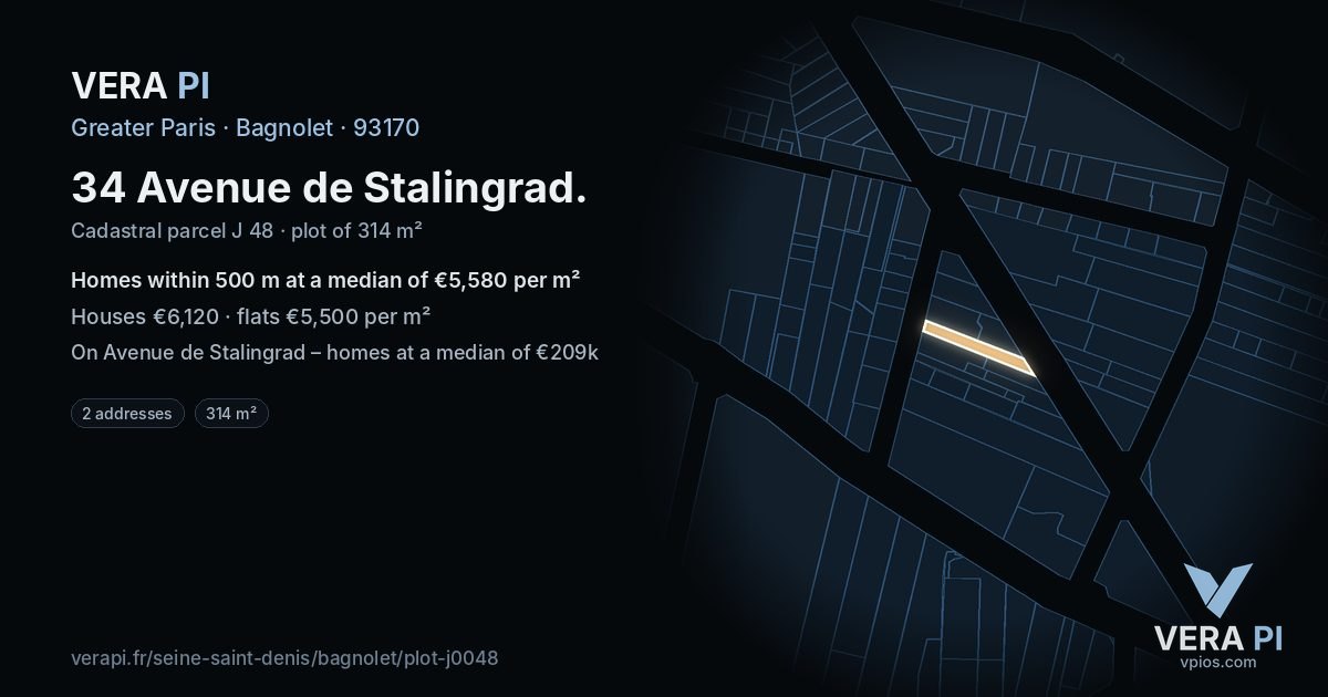 34 Avenue de Stalingrad, Bagnolet at night – the plot lit, the parcels around coloured by the prices near them