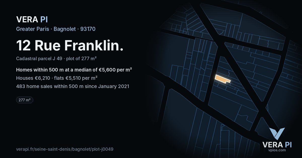 12 Rue Franklin, Bagnolet at night – the plot lit, the parcels around coloured by the prices near them