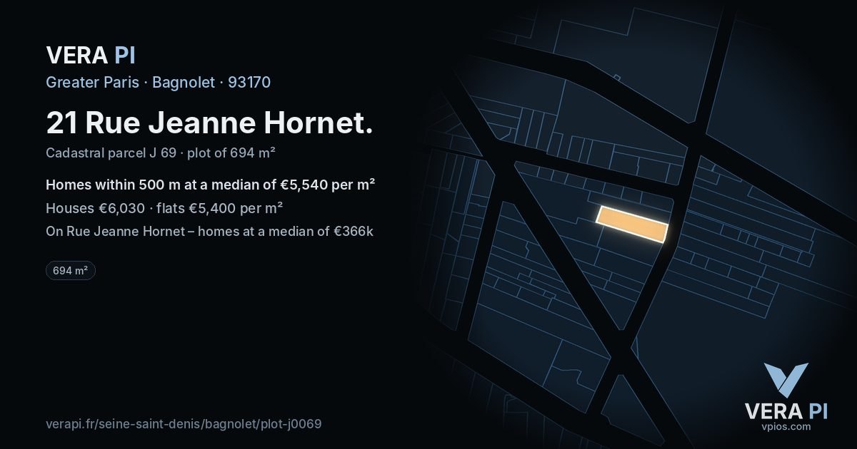 21 Rue Jeanne Hornet, Bagnolet at night – the plot lit, the parcels around coloured by the prices near them