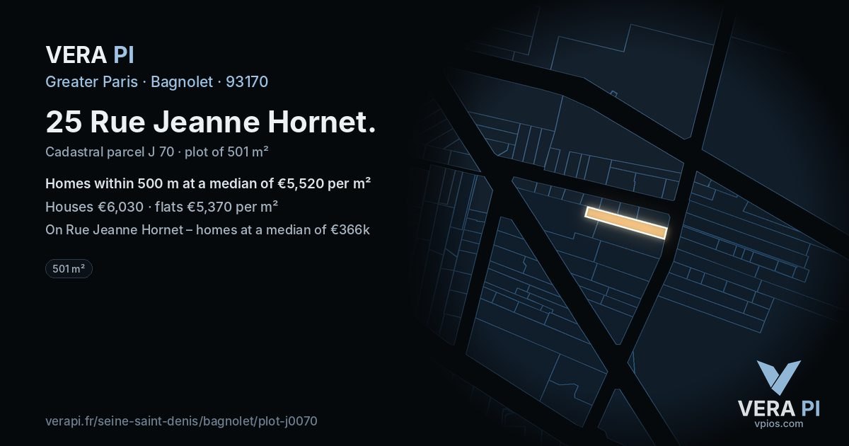 25 Rue Jeanne Hornet, Bagnolet at night – the plot lit, the parcels around coloured by the prices near them