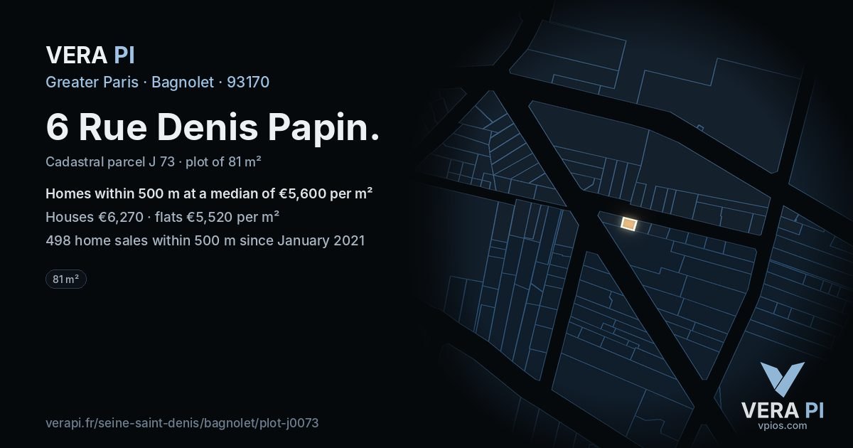 6 Rue Denis Papin, Bagnolet at night – the plot lit, the parcels around coloured by the prices near them