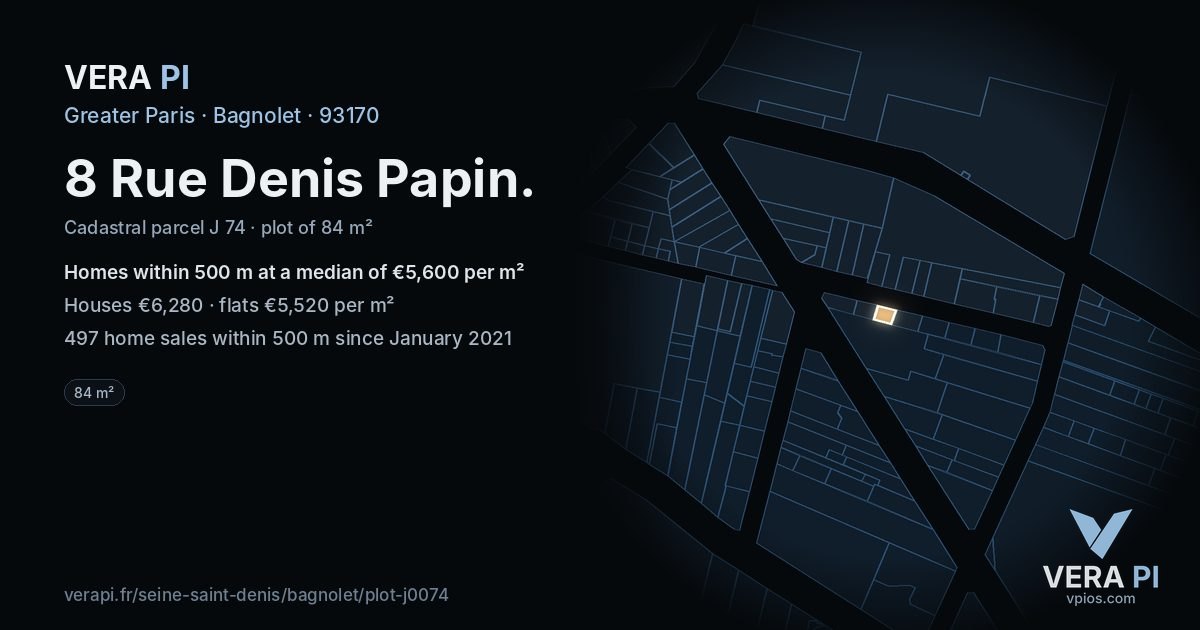 8 Rue Denis Papin, Bagnolet at night – the plot lit, the parcels around coloured by the prices near them