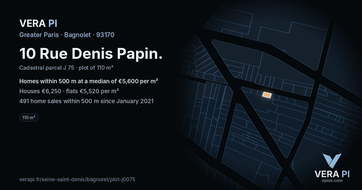 10 Rue Denis Papin, Bagnolet at night – the plot lit, the parcels around coloured by the prices near them