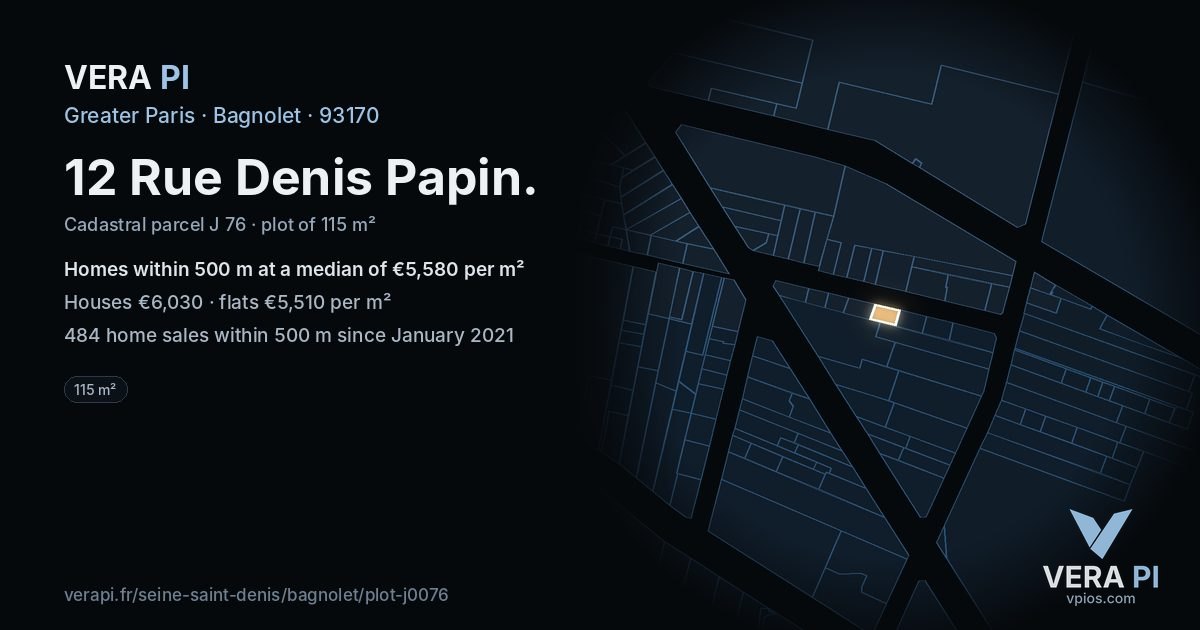 12 Rue Denis Papin, Bagnolet at night – the plot lit, the parcels around coloured by the prices near them