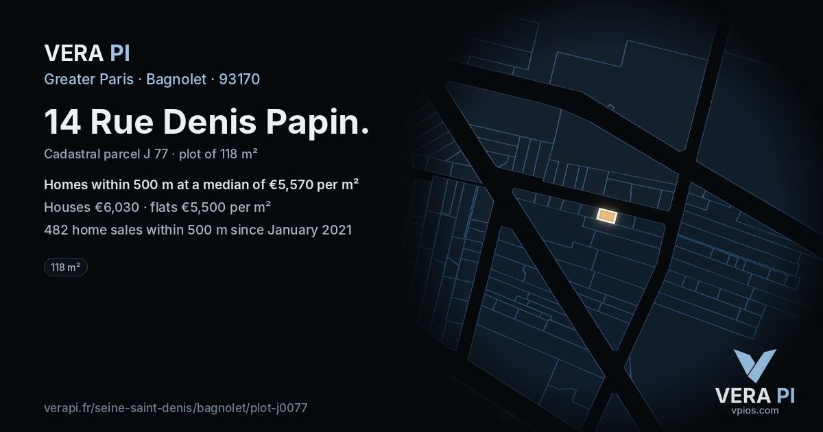 14 Rue Denis Papin, Bagnolet at night – the plot lit, the parcels around coloured by the prices near them
