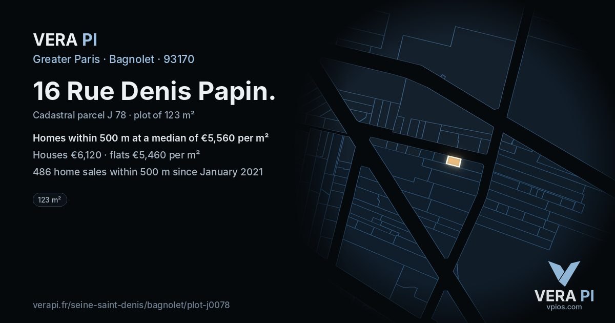 16 Rue Denis Papin, Bagnolet at night – the plot lit, the parcels around coloured by the prices near them